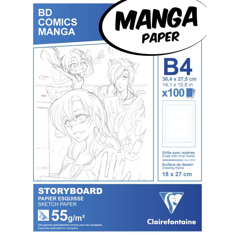 Clairefontaine Mangablock für Storyboard, 25 cm x 35,3 cm, DIN B4, 55 g/m², glatt, 6-fach-Raster, Block mit 100 Blatt