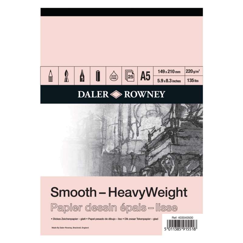 DALER-ROWNEY Smooth Heavyweight Zeichenblock, 14,8 cm x 21 cm, DIN A5, 220 g/m², fein, Block (1-seitig geleimt)
