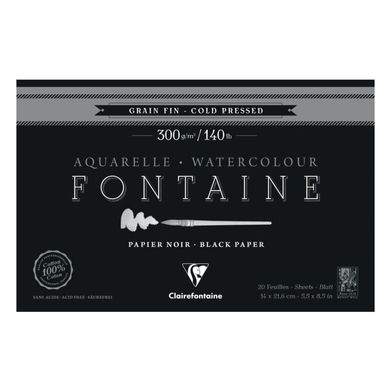 Clairefontaine FONTAINE Aquarellblock Noir, 14 cm x 21 cm, 300 g/m², fein, Block mit 20 Blatt (vierseitig geleimt)