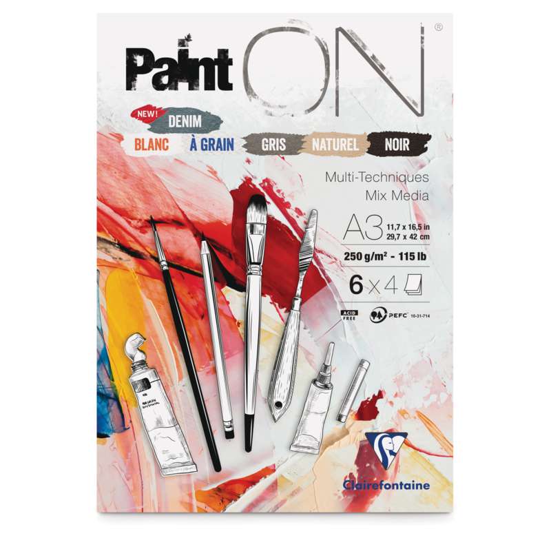 Clairefontaine Paint ON 6-Farben-Sortimente, 29,7 cm x 42 cm, DIN A3, 24 Blatt, 250 g/m², Block (1-seitig geleimt)