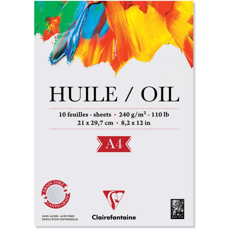 Clairefontaine Ölmalblock, 21 cm x 29,7 cm, DIN A4, 240 g/m², strukturiert, Block mit 10 Blatt (1-seitig geleimt)