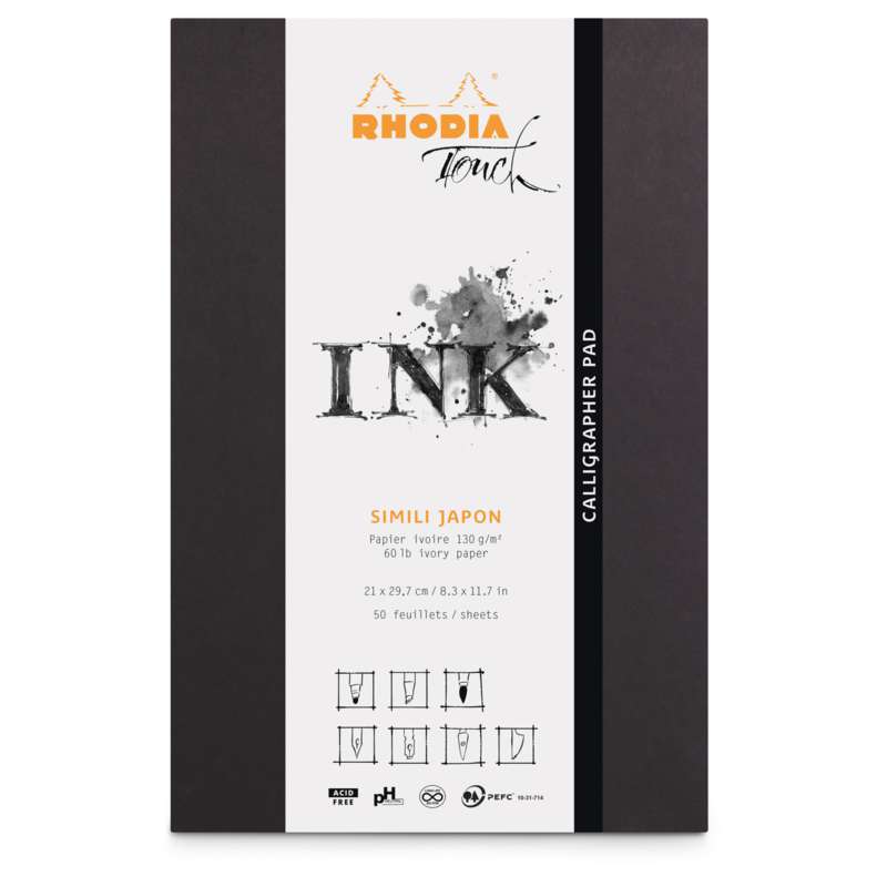 RHODIA TOUCH Kalligrafie Block, 21 cm x 29,7 cm, DIN A4, 130 g/m², glatt, Block mit 50 Blatt (1-seitig geleimt)