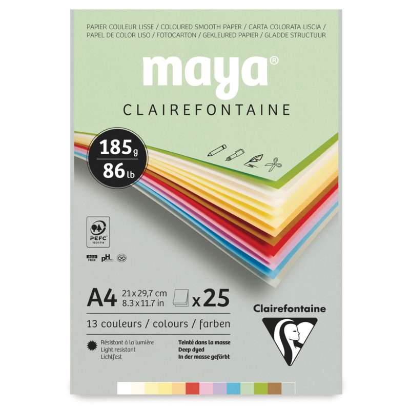 Clairefontaine MAYA farbiger Fotokarton-Block, 21 cm x 29,7 cm, DIN A4, Block mit 25 Blatt (1-seitig geleimt), glatt, 185 g/m²