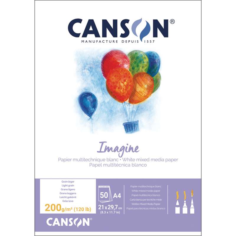CANSON Mixed Media Imagine Feinkorn, DIN A4, 200 g/m², Block (1-seitig geleimt)