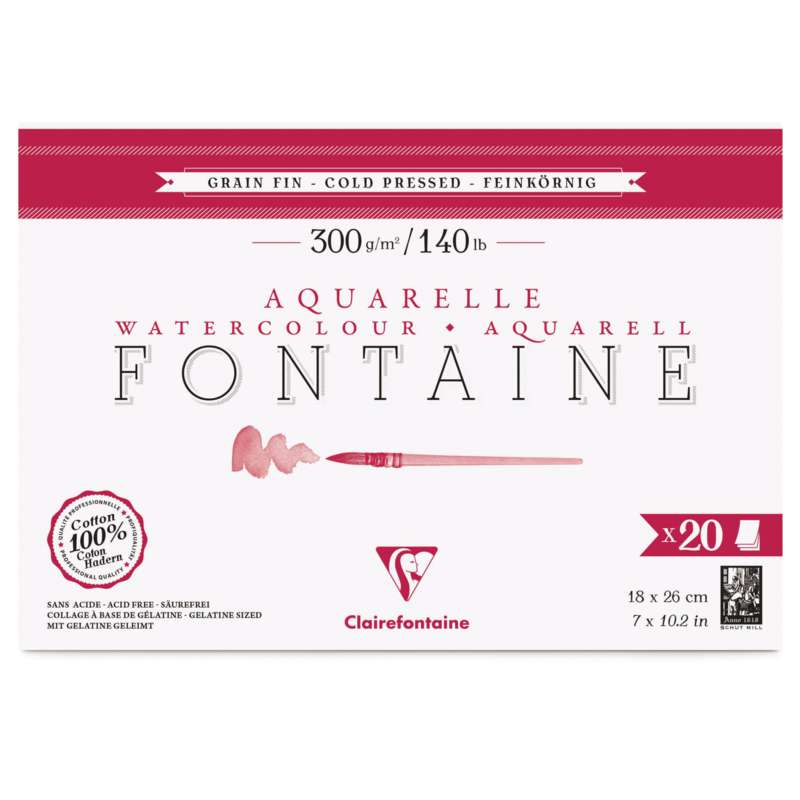 Clairefontaine Aquarellpapier FONTAINE Feinkorn, 18 cm x 26 cm, 300 g/m², fein, Block (4-seitig geleimt) mit 20 Blatt