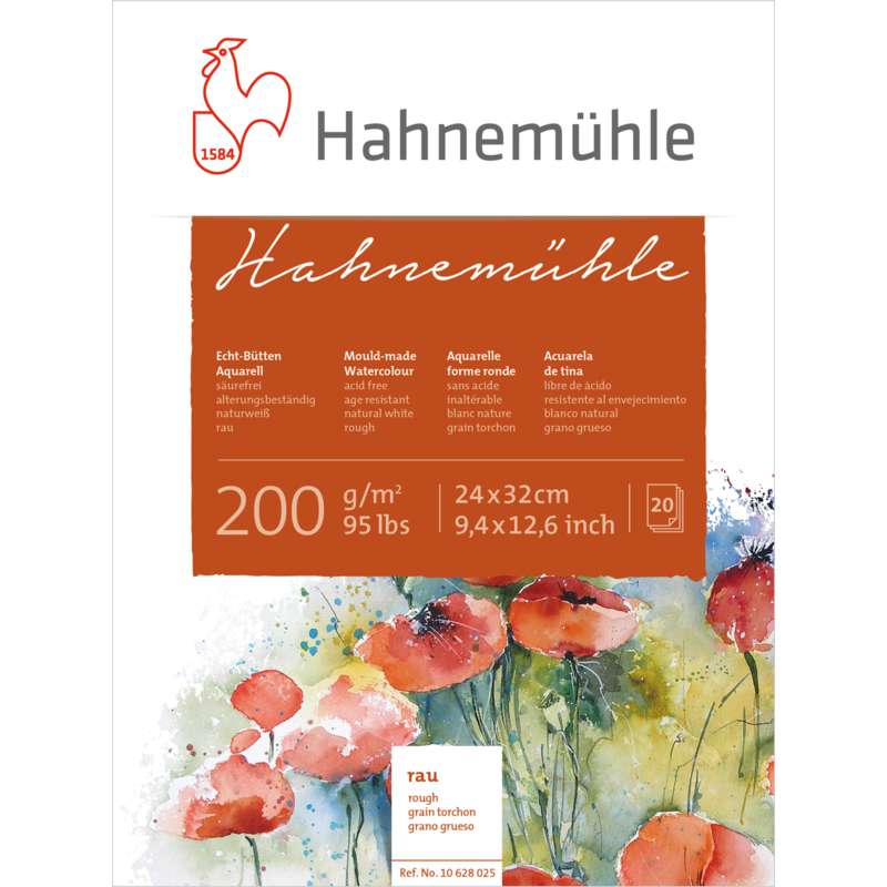 Hahnemühle 200 Echt-Bütten Aquarellblock, 24 cm x 32 cm, 20 Blatt, rau