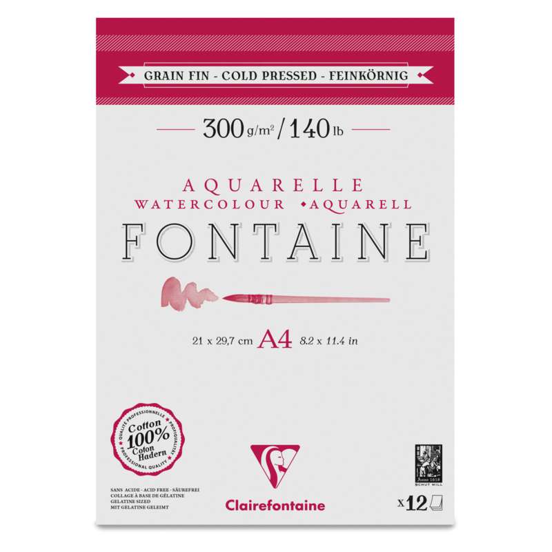 Clairefontaine Aquarellpapier FONTAINE Feinkorn, 21 cm x 29,7 cm, DIN A4, 300 g/m², fein, Block (2-seitig geleimt) mit 12 Blatt