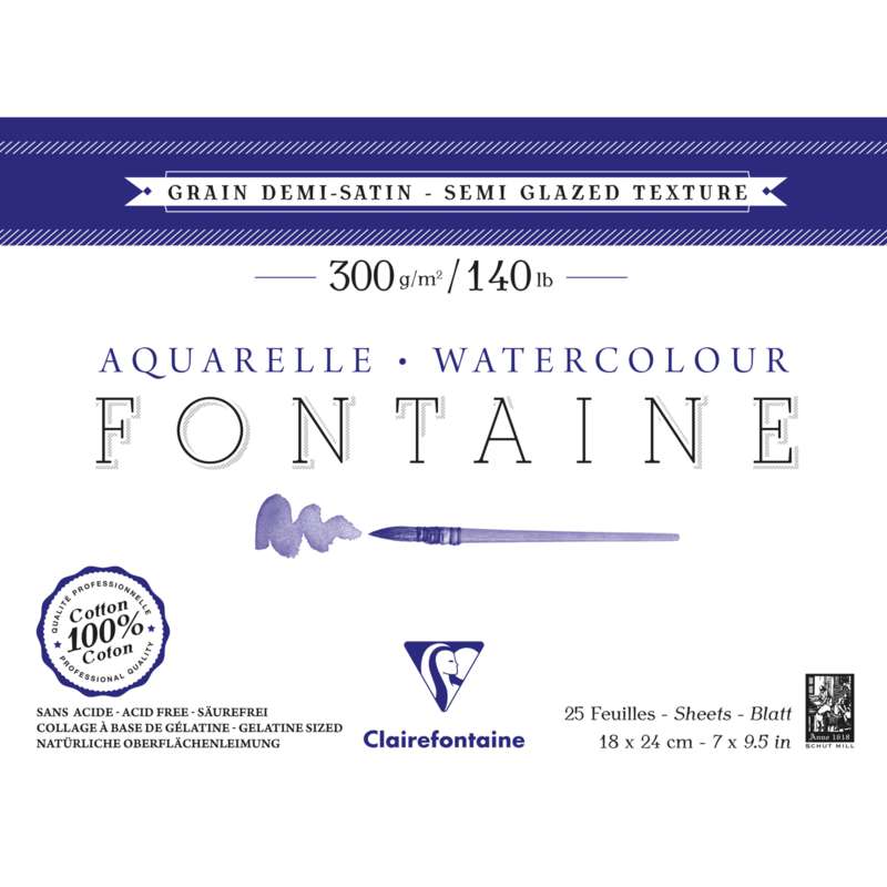 Clairefontaine FONTAINE Aquarellblock halbsatiniert, 18 cm x 24 cm, 300 g/m², satiniert, Block (4-seitig geleimt) mit 25 Blatt
