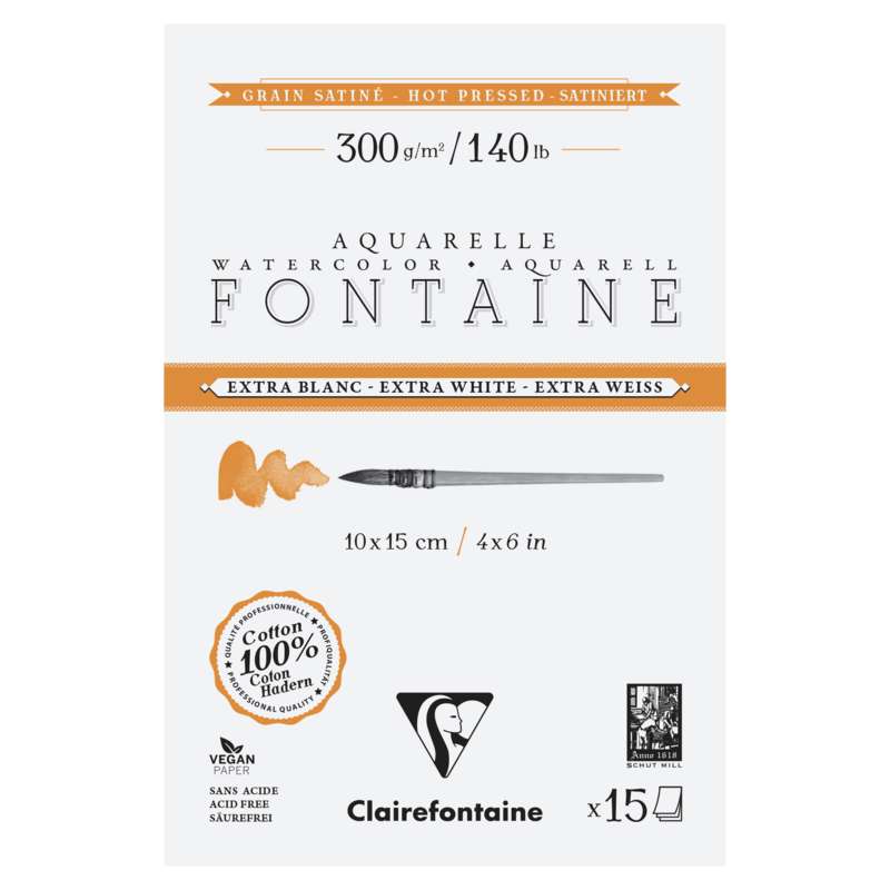 Clairefontaine Aquarellpapier FONTAINE Extra White, satiniert, 30 cm x 40 cm, 300 g/m², satiniert, Spiralblock mit 12 Blatt