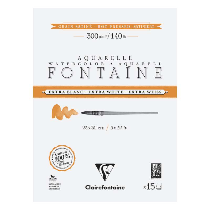 Clairefontaine Aquarellpapier FONTAINE Extra White, satiniert, 23 cm x 31 cm | 9" x 12", 300 g/m², satiniert, Block mit 15 Blatt (4-seitig geleimt)