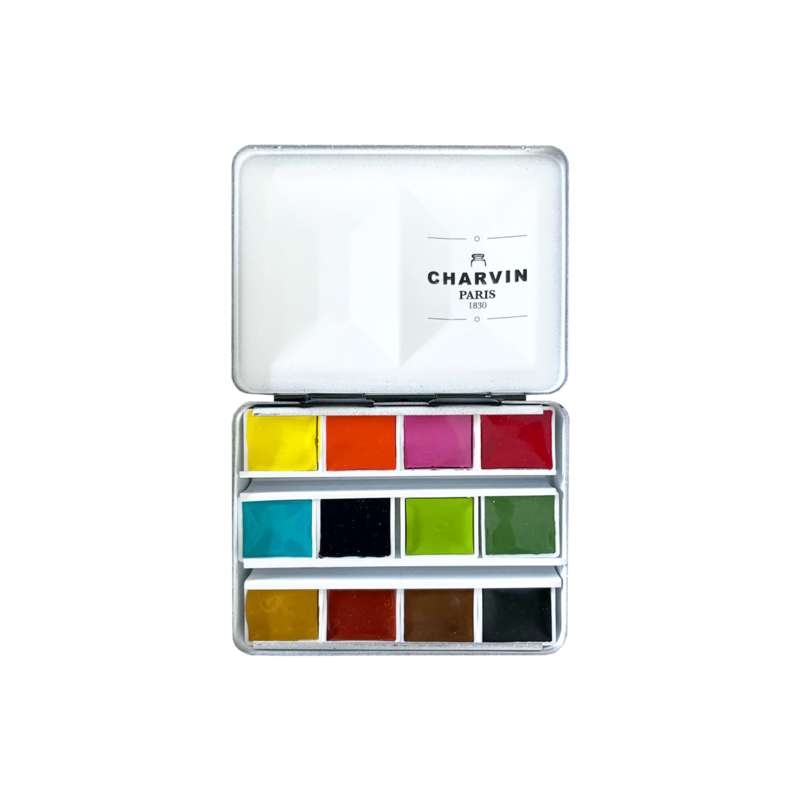 CHARVIN extrafeine Aquarellfarbe, 12 x 1/2 Näpf., Metallkasten, Schwarz