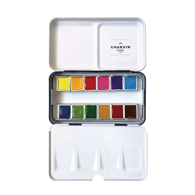 CHARVIN extrafeine Aquarellfarbe, 12 x 1/2 Näpf., Metallkasten, Marineblau