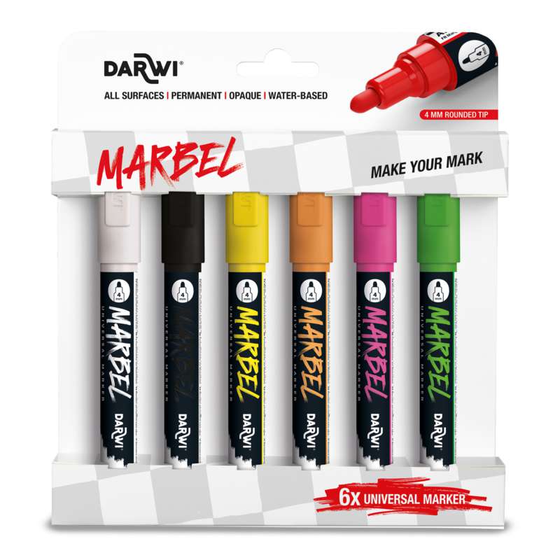 DARWI Marbel Universalmarker 6er-Sets, 4 mm Rundspitze, Fluoreszierende Farben, Set, 4 mm