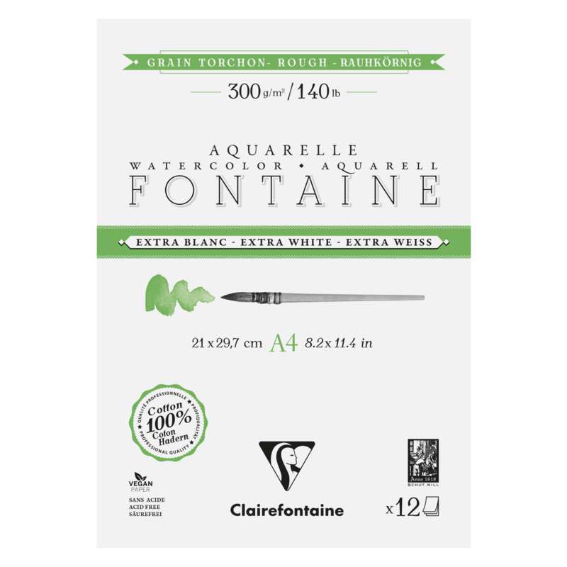 Clairefontaine FONTAINE Aquarellblock Extraweiß, Torchon, 21 cm x 29,7 cm, DIN A4, rau, Block (2-seitig geleimt), 2-seitig geleimter Block mit 12 B...