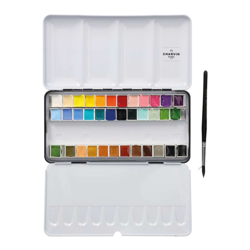 CHARVIN extrafeine Aquarellfarbe, 36 x 1/2 Näpf. und 1 Pinsel, Metallkasten
