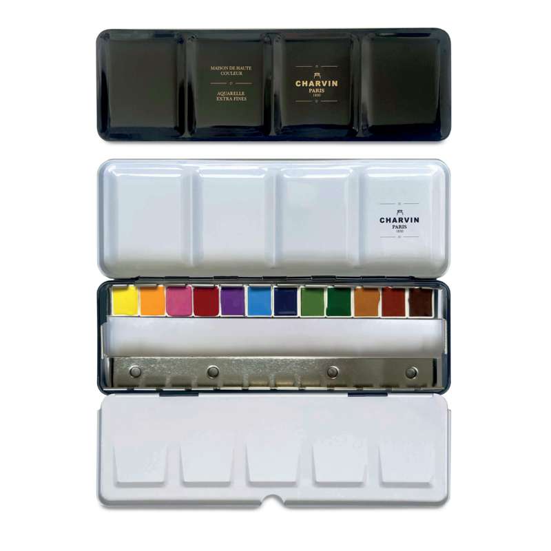CHARVIN extrafeine Aquarellfarbe, 12 x 1/2 Näpf., Reise-Aquarellkasten