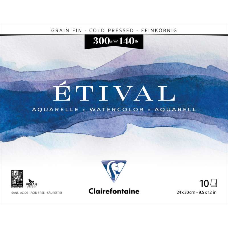 Clairefontaine ETIVAL Aquarellblock, Feinkorn, 24 cm x 30 cm, 300 g/m², fein, 4-seitig geleimter Block mit 10 Blatt
